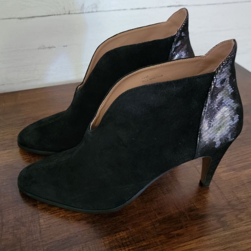 Paolo Linea Booties Heel Pointed Toe Black Suede Print Womens size 11
